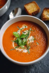 Bowl of easy creamy tomato soup garnished with fresh basil and croutons