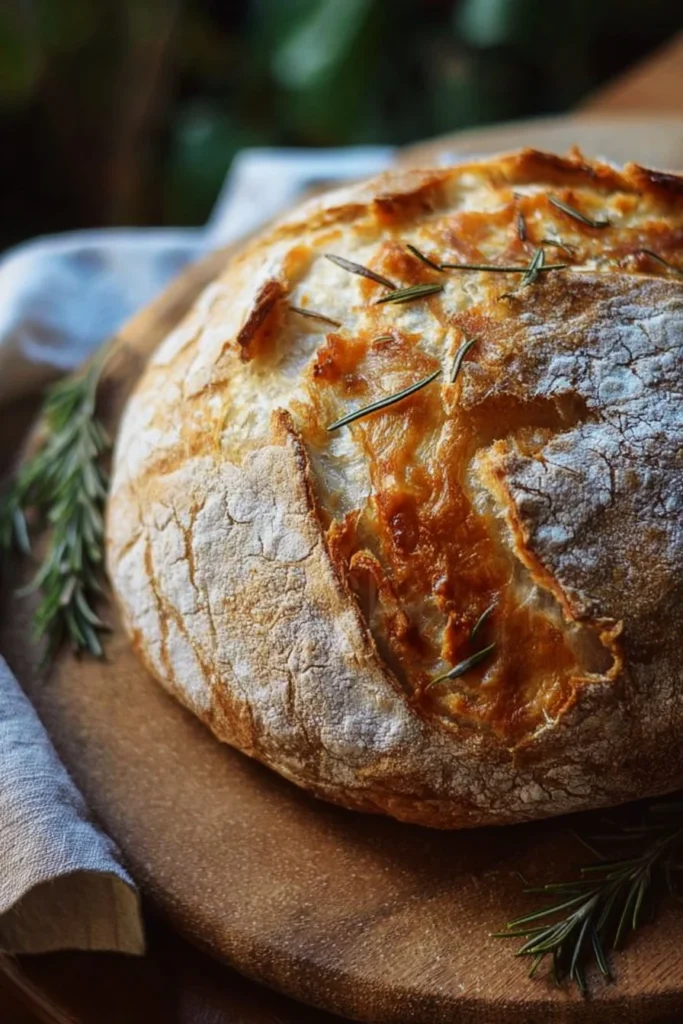 Homemade roasted garlic and rosemary sourdough bread fresh out of the oven
