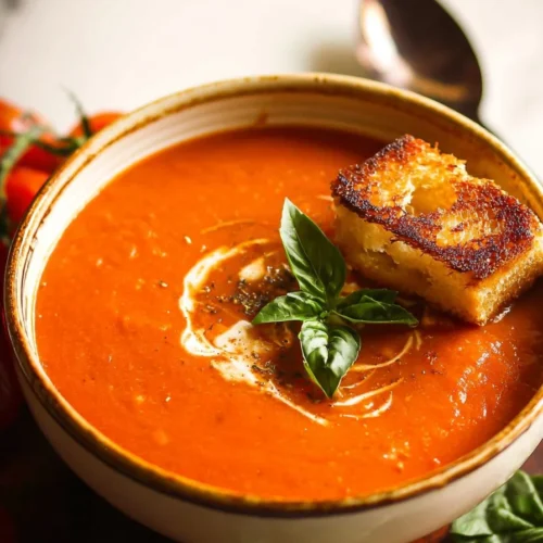 Bowl of easy roasted tomato soup garnished with fresh herbs