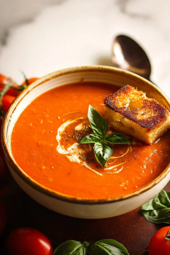 Bowl of easy roasted tomato soup garnished with fresh herbs