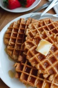 Fluffy whole wheat waffles served with toppings and syrup