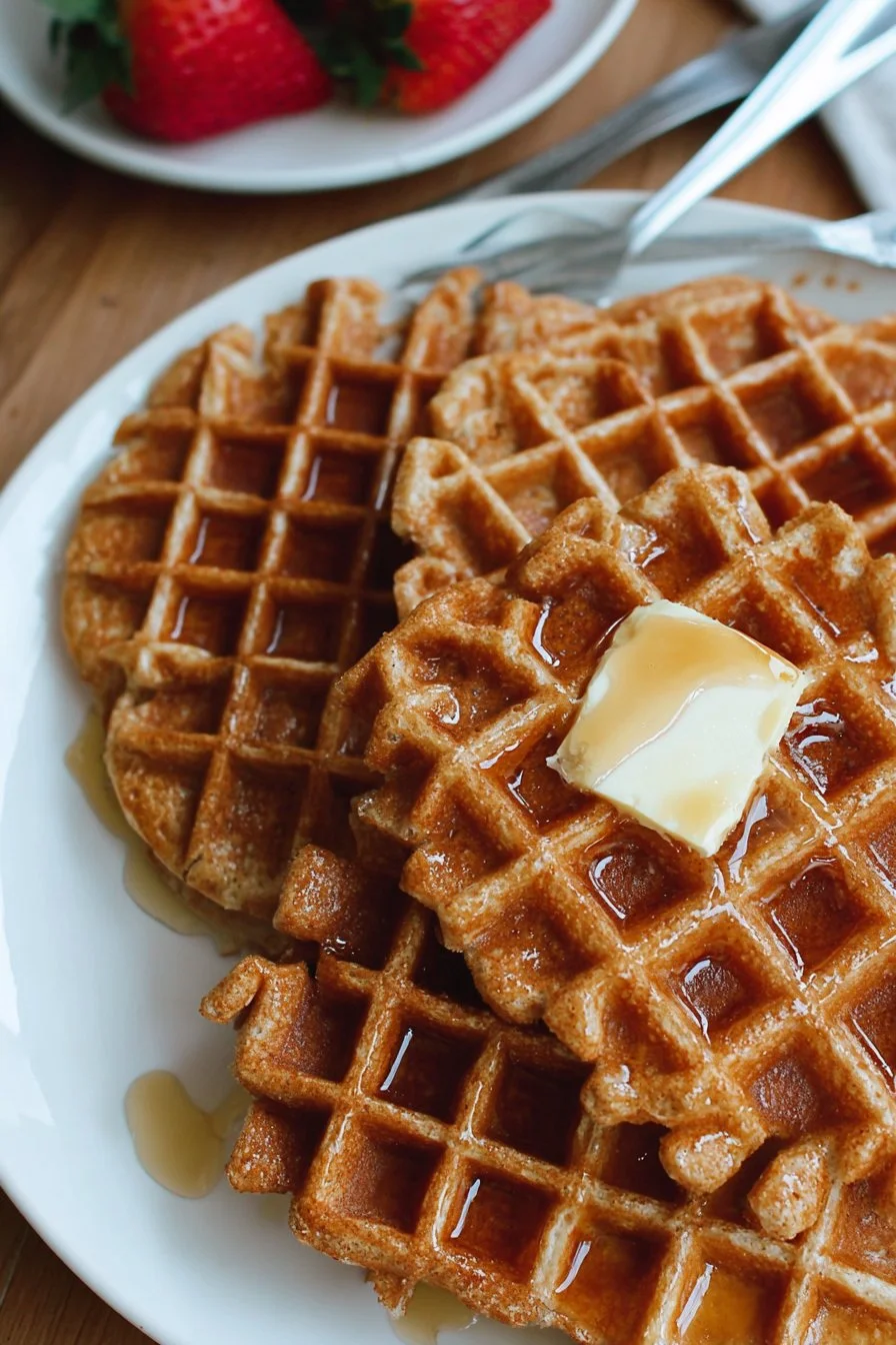 Fluffy whole wheat waffles served with toppings and syrup