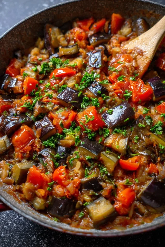 Fried eggplant served with mixed vegetables on a plate