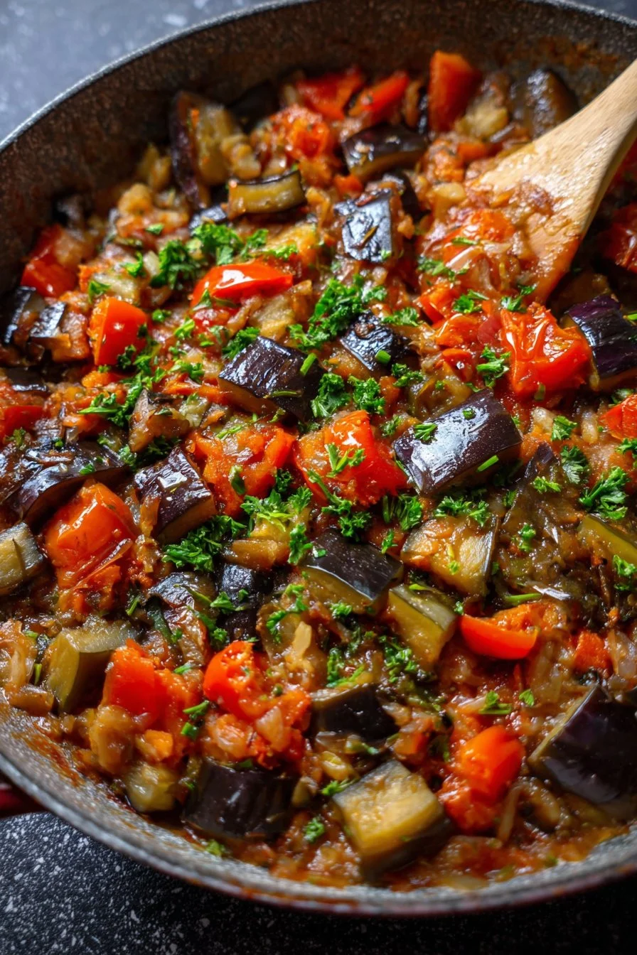Fried eggplant served with mixed vegetables on a plate
