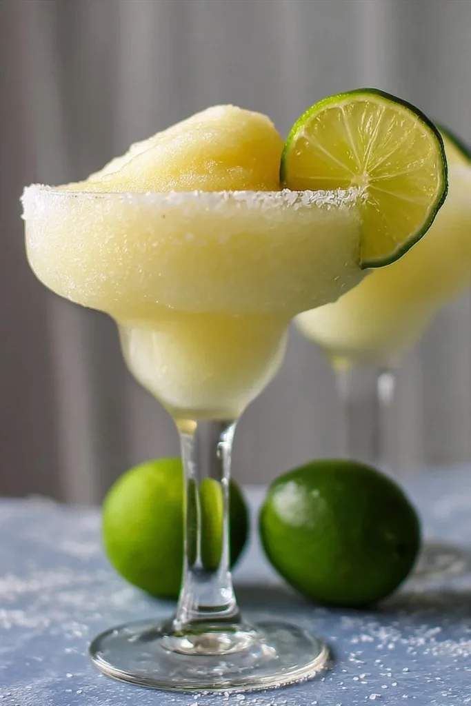 Delicious frozen margarita served in a glass with lime and salt rim.