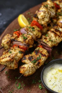 Juicy grilled chicken kabobs served with colorful veggies on skewers.