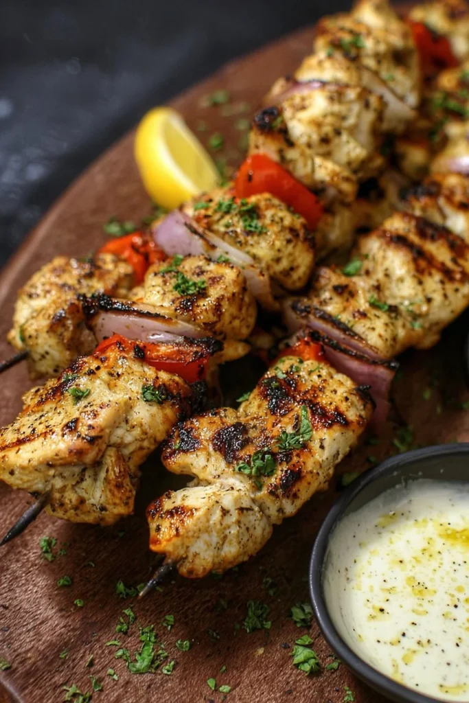 Juicy grilled chicken kabobs served with colorful veggies on skewers.