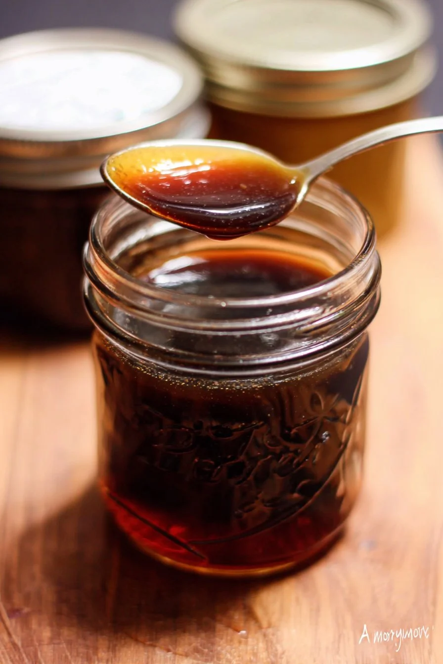 Bowl of homemade teriyaki sauce with ingredients and recipe instructions