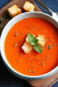 Bowl of homemade tomato soup with fresh herbs and crusty bread on the side