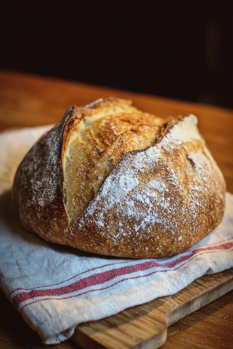 Freshly baked overnight sourdough bread on a wooden cutting board