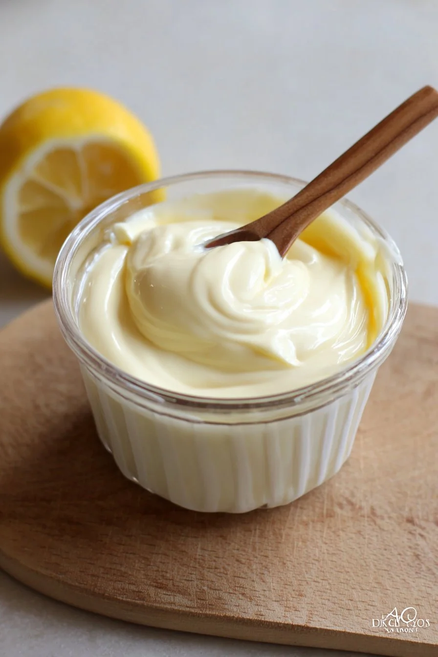 Homemade mayonnaise in a bowl with a whisk and fresh ingredients.