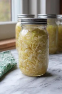 Homemade sauerkraut preparation with shredded cabbage and spices