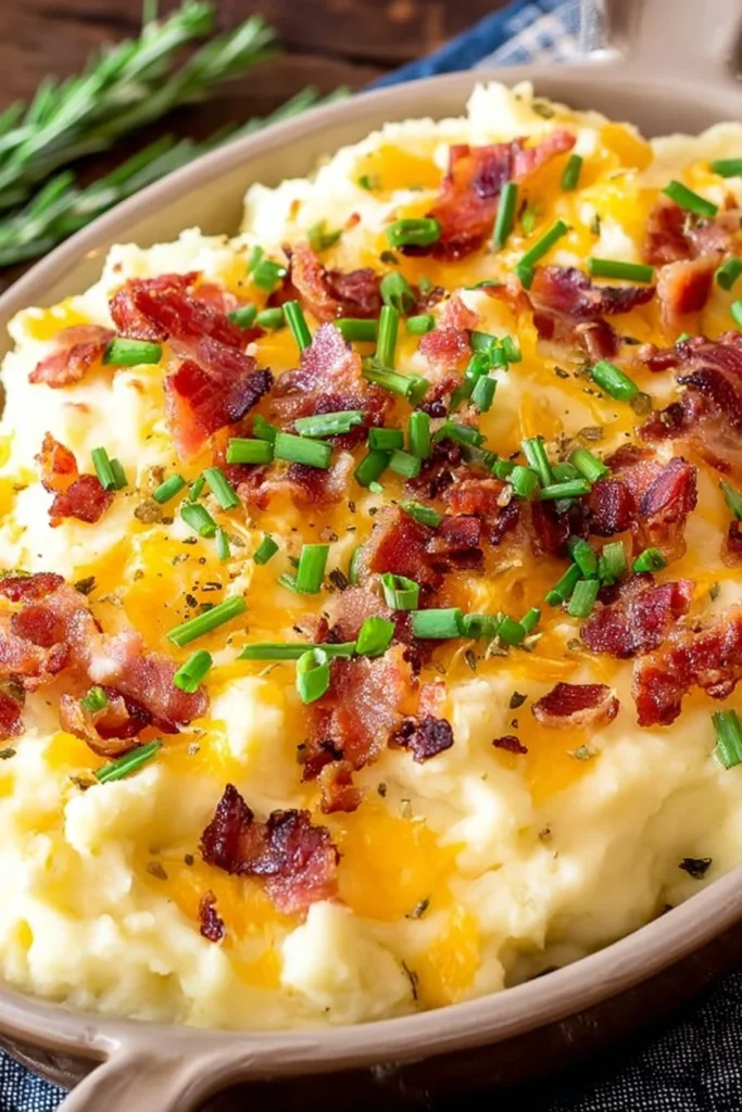 Creamy and cheesy loaded mashed potatoes served in a bowl