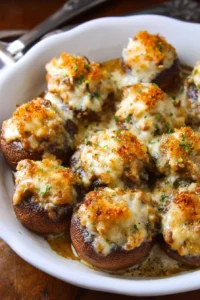 Longhorn Stuffed Mushrooms freshly baked and ready to serve as a savory appetizer.