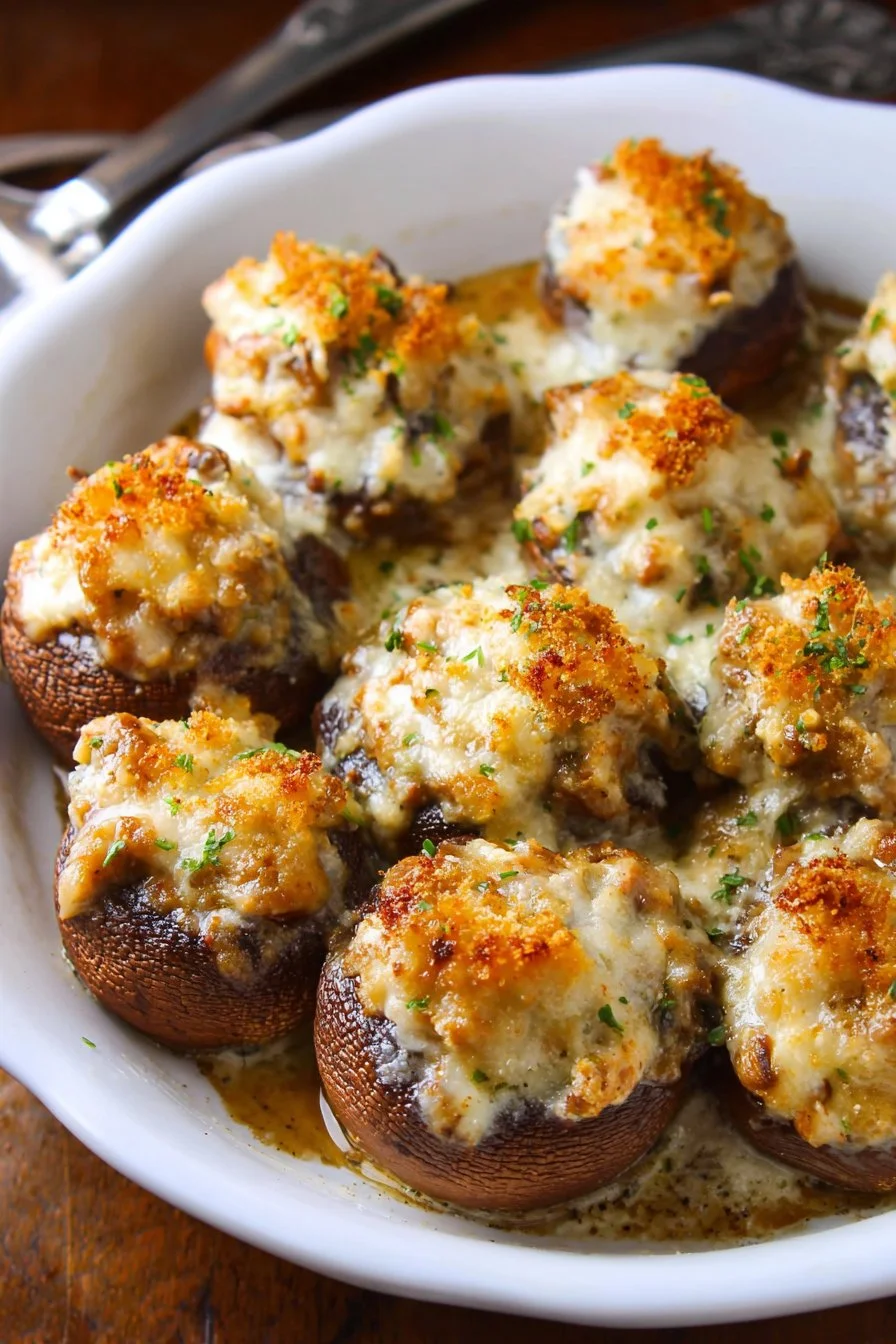 Longhorn Stuffed Mushrooms freshly baked and ready to serve as a savory appetizer.