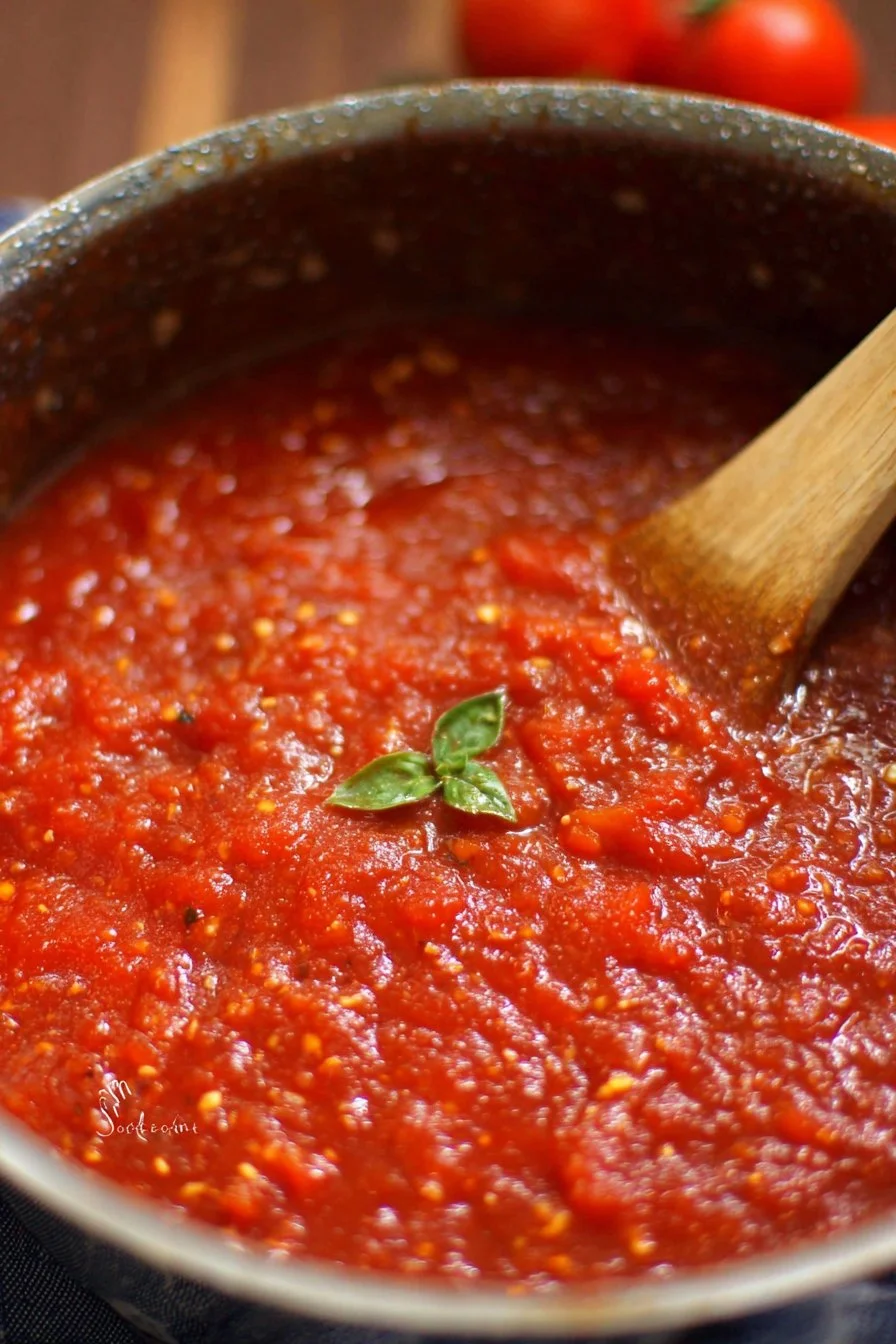 Olive Garden-inspired marinara sauce in a bowl, garnished with herbs.