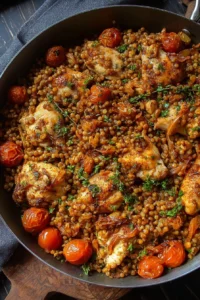 A plate of One-Pan Buckwheat with Chicken, garnished with herbs.