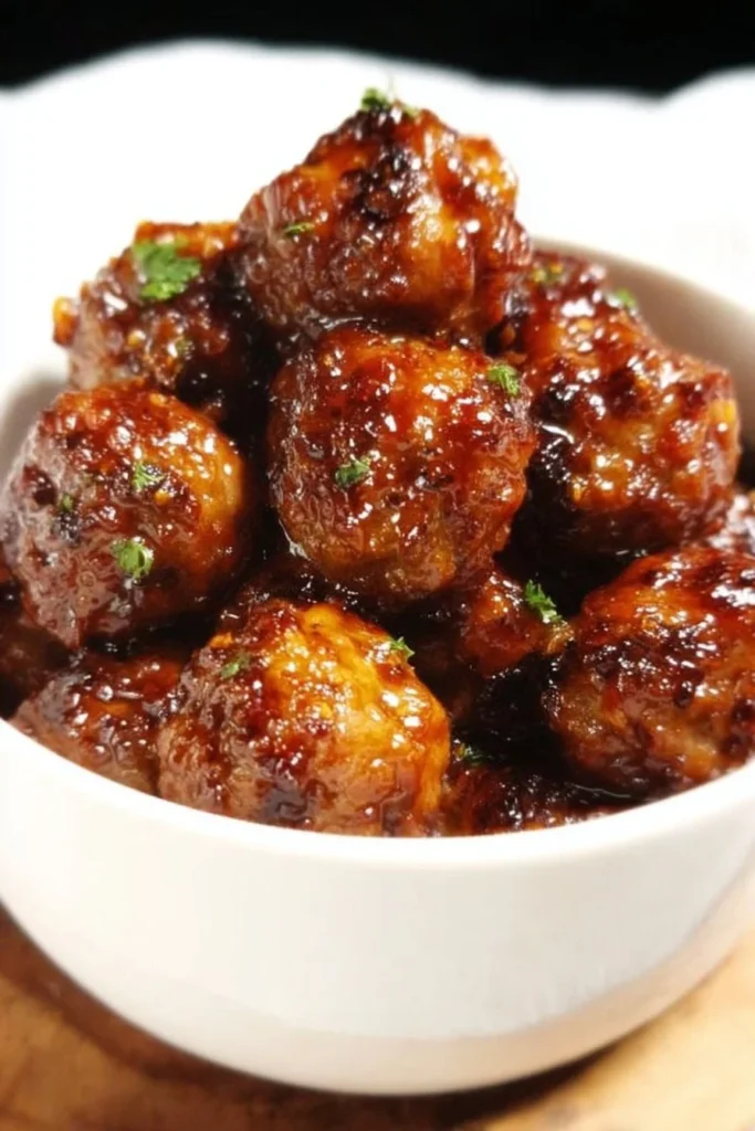 Oven baked honey garlic meatballs on a serving plate