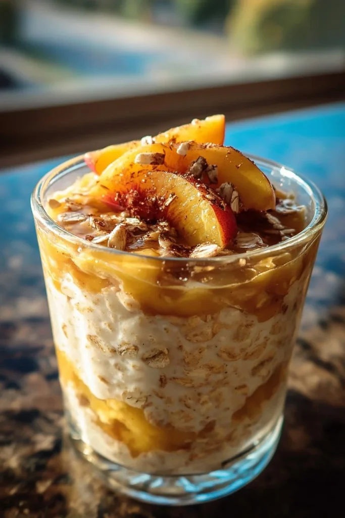 Peach Cobbler Overnight Oats 1 Bowl of Peach Cobbler Overnight Oats topped with fresh peaches and cinnamon