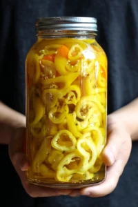 Homemade pickled banana peppers in a jar
