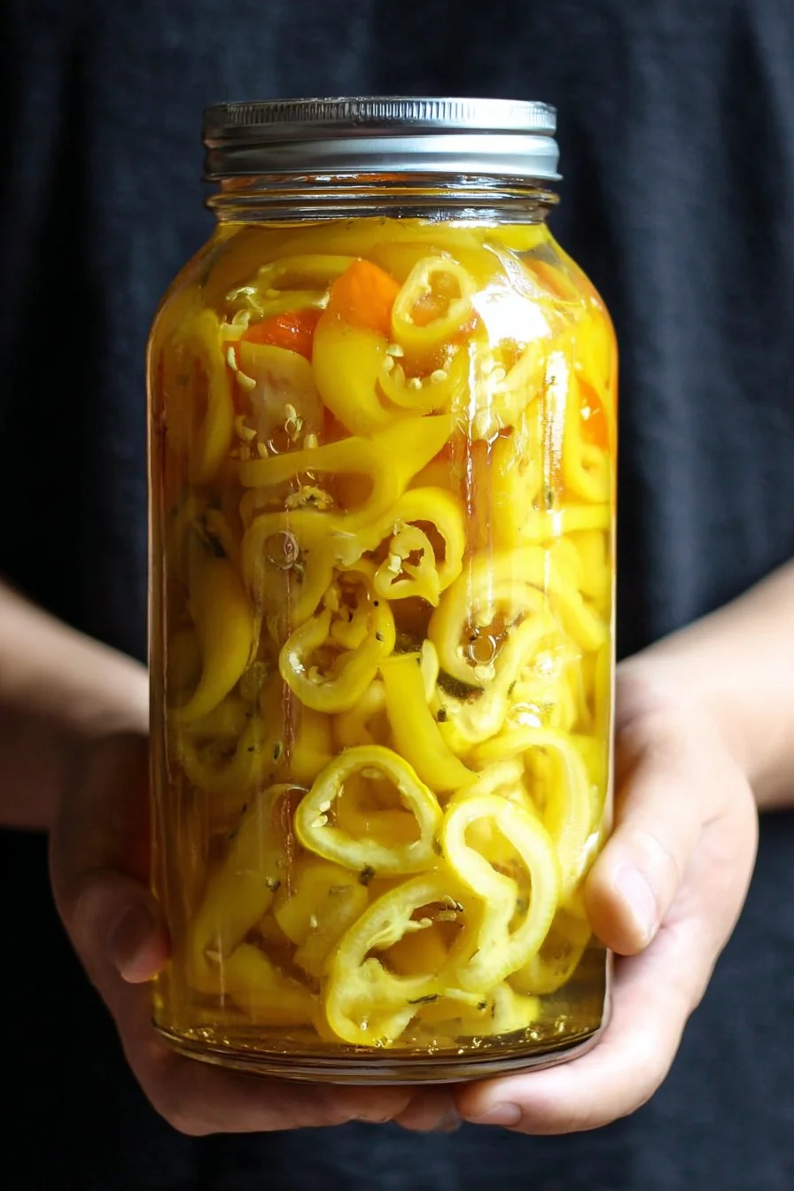 Homemade pickled banana peppers in a jar
