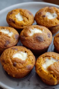 Freshly baked Pumpkin Cream Cheese Muffins on a wooden table
