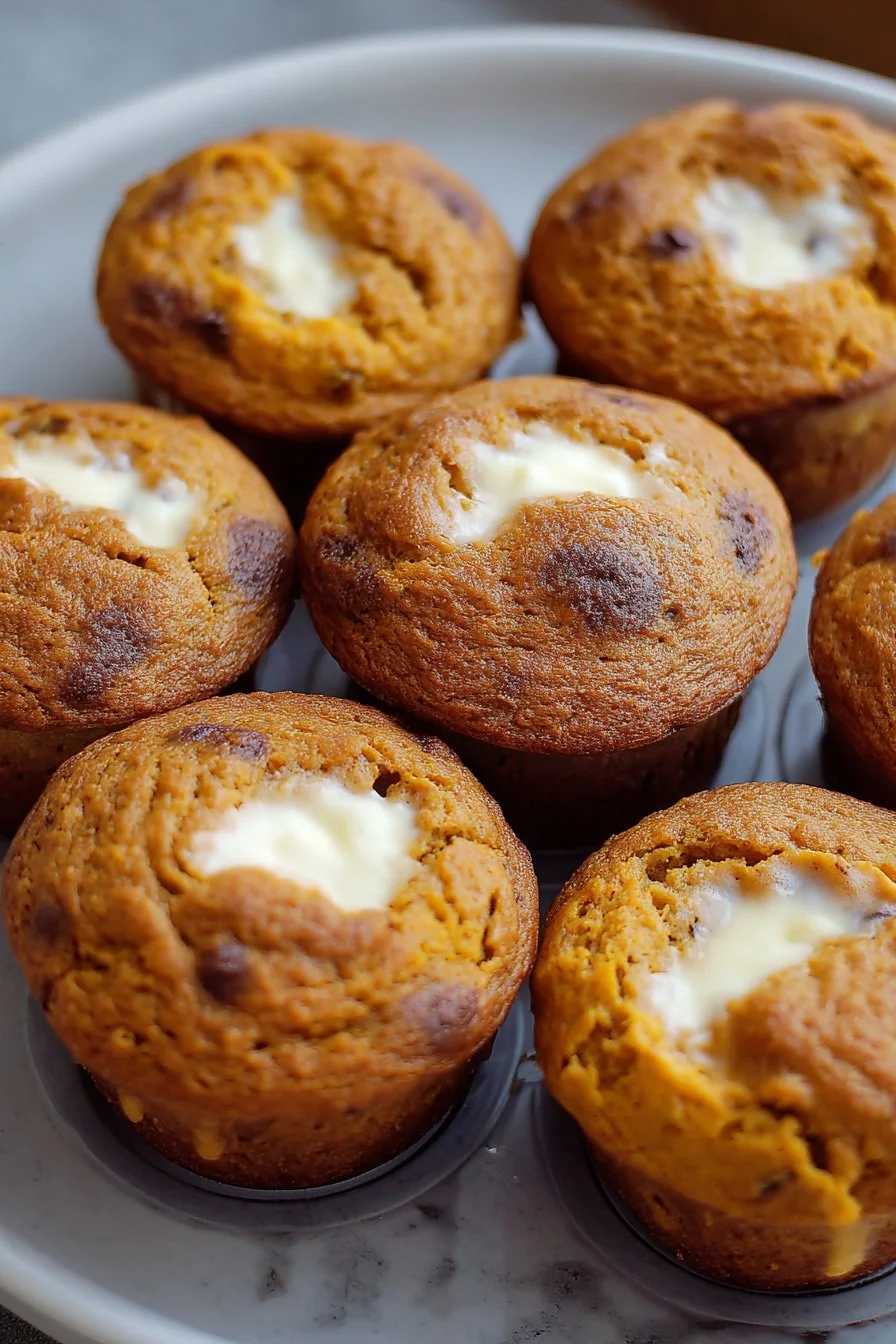 Freshly baked Pumpkin Cream Cheese Muffins on a wooden table