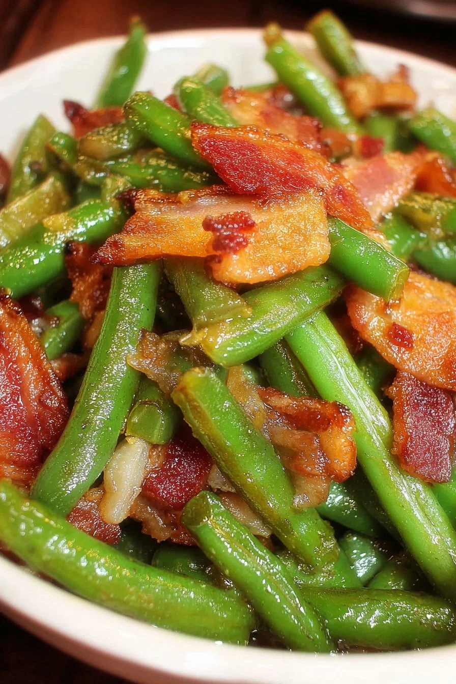 Delicious Quick and Easy Southern Bacon and Green Beans served in a bowl