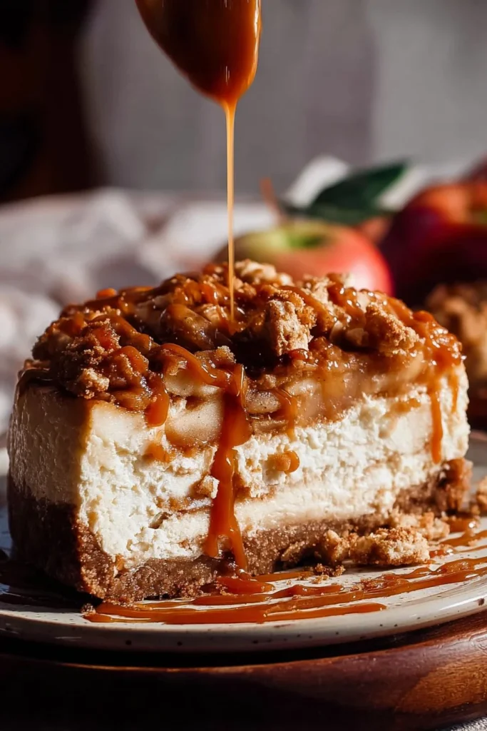 A slice of salted caramel apple pie cheesecake topped with caramel drizzle and apples.