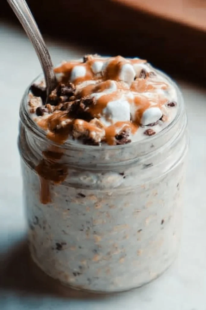 Delicious S'mores Overnight Oats topped with chocolate and marshmallows.