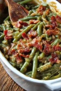 Delicious Smothered Bacon Green Bean Casserole dish ready to serve.