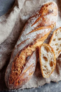 Homemade sourdough baguette on a wooden cutting board