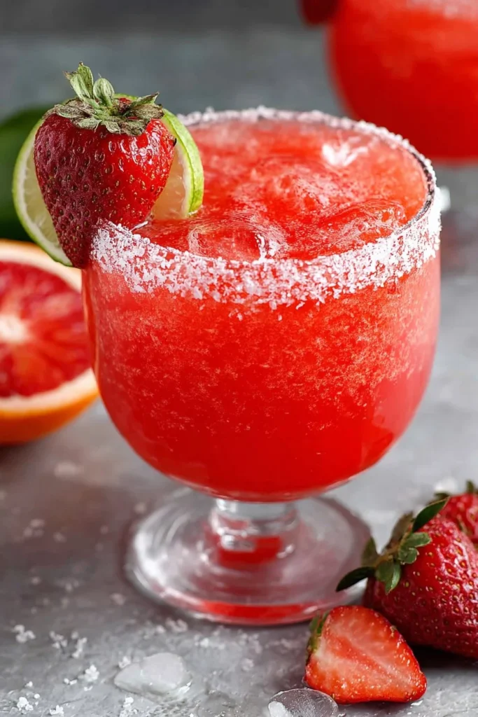 Delicious Strawberry Margarita cocktail with fresh strawberries and lime.