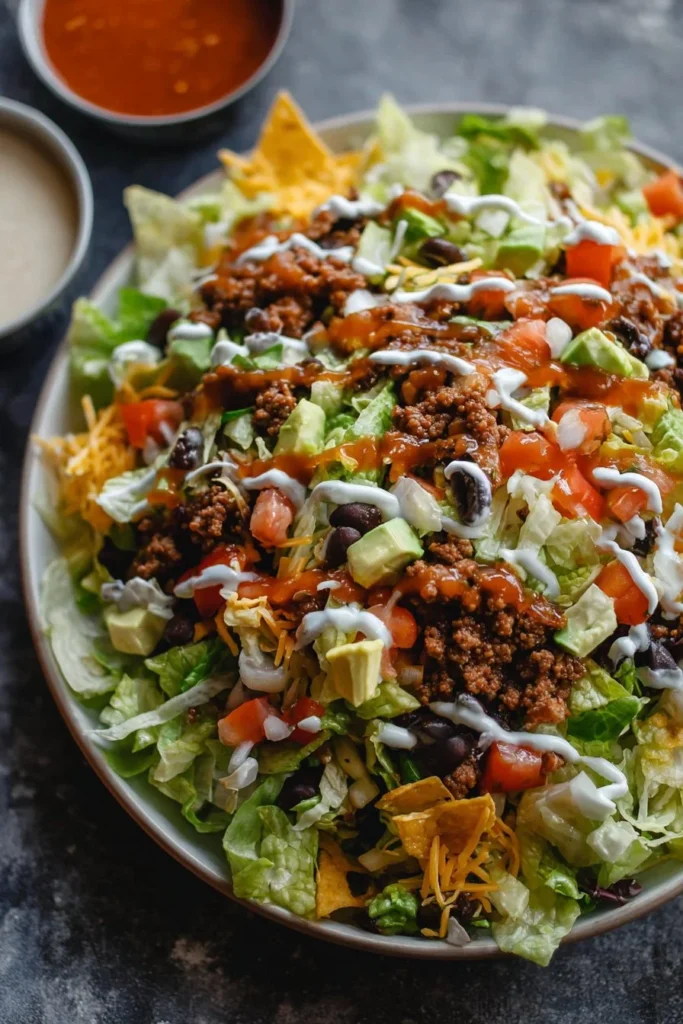 Delicious taco salad with fresh ingredients and homemade Catalina dressing