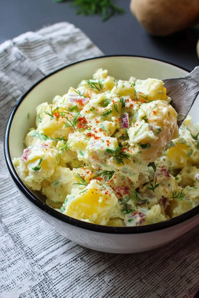 Delicious creamy potato salad in a bowl topped with herbs and spices