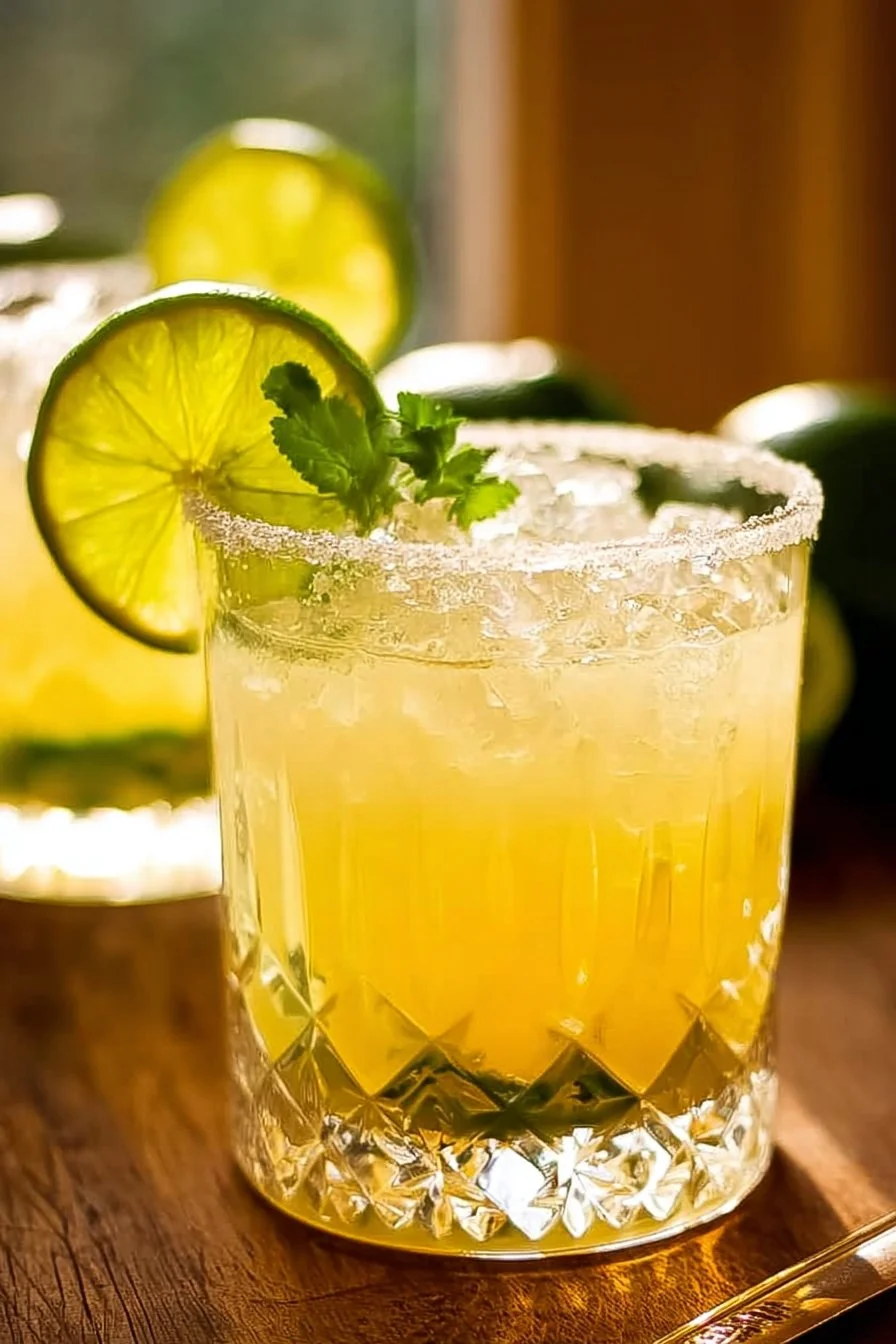 Italian Margarita cocktail garnished with lime and served in a glass on a table