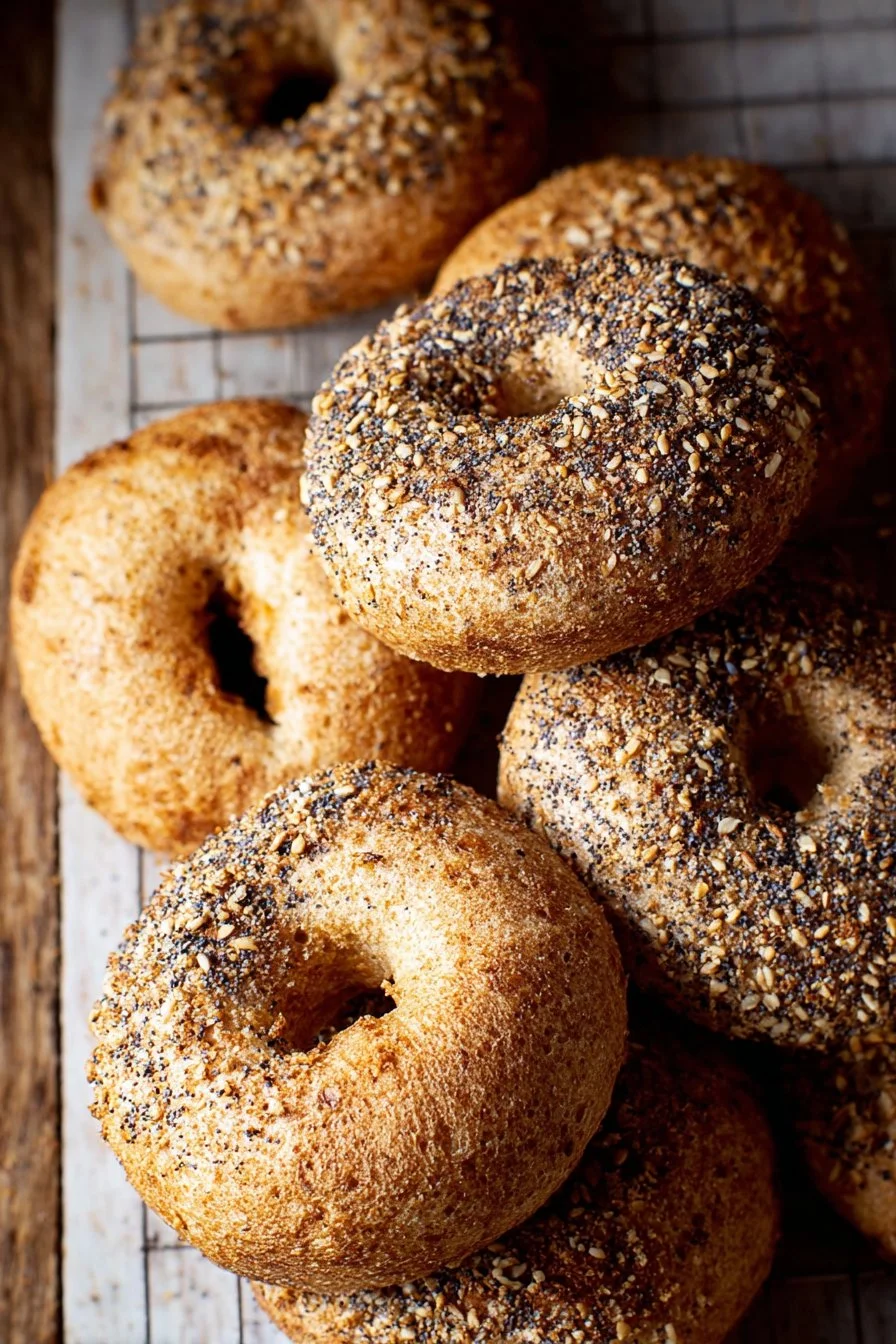 Whole wheat sourdough bagels fresh out of the oven, golden and chewy.
