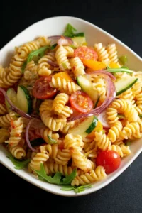 Bowl of Zesty Salad Supreme Pasta Salad with fresh vegetables and herbs