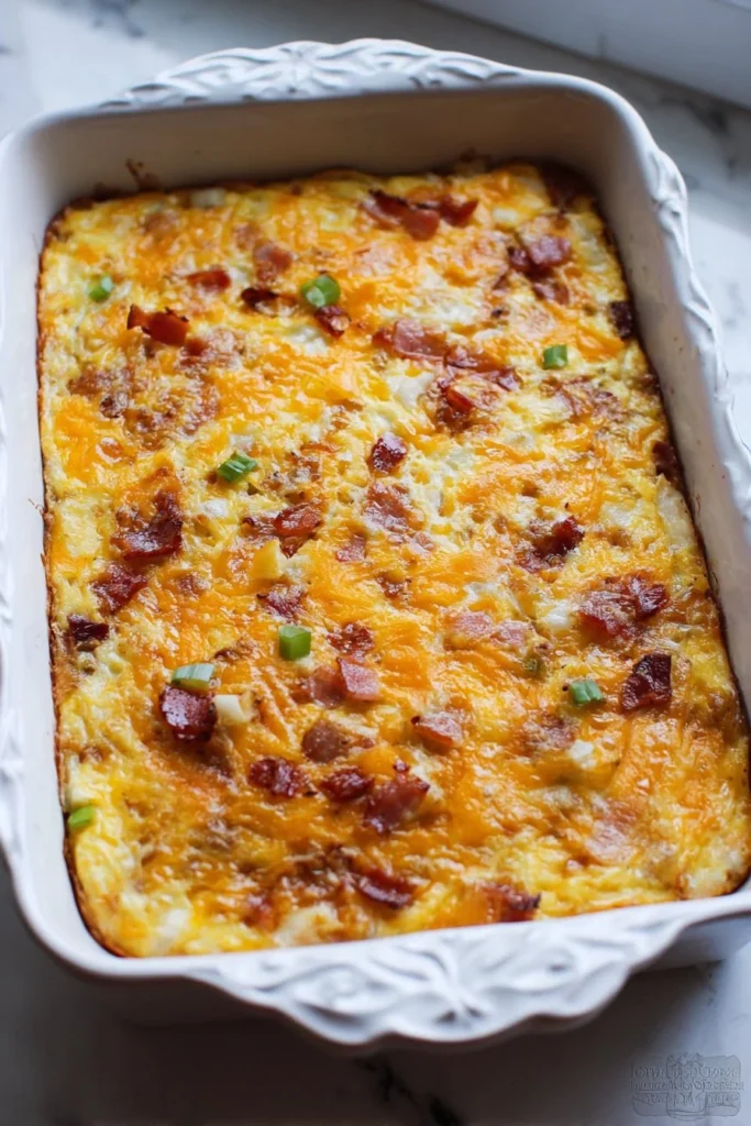 Delicious Amish Breakfast Casserole baked with eggs, bread, and cheese