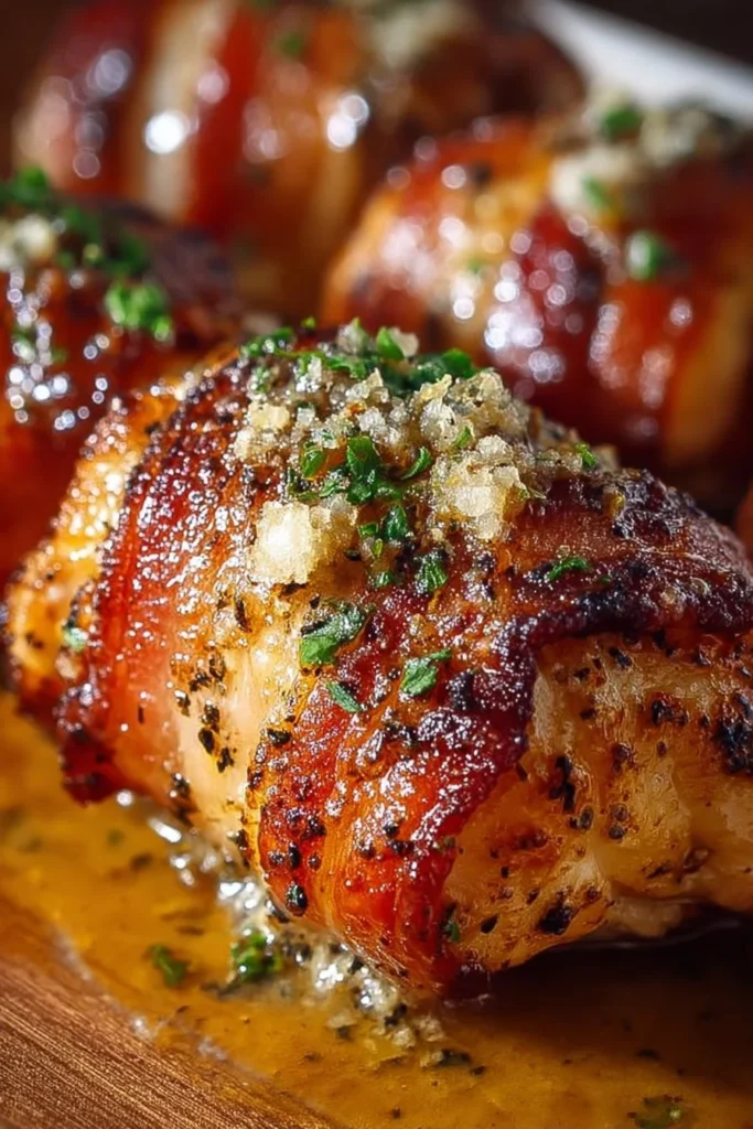 Bacon wrapped garlic parmesan chicken dish on a plate