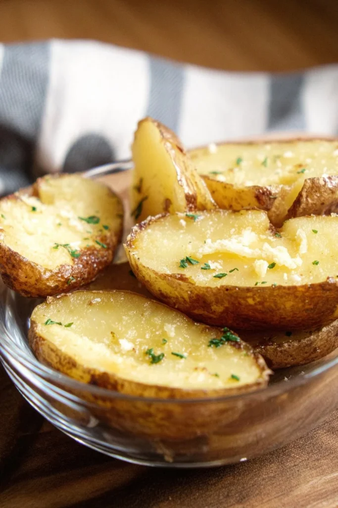 Baked potato halves topped with cheese and herbs for a flavorful dish.