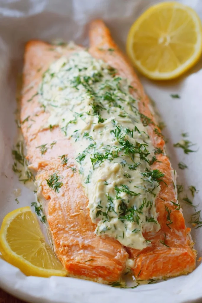 Delicious baked salmon fillet topped with garlic mayo sauce
