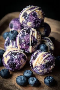 Blueberry cheesecake protein bites in a white bowl with fresh blueberries