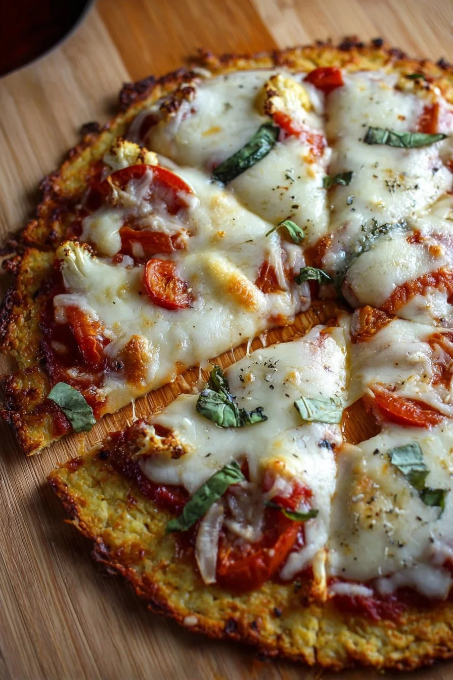 Homemade cauliflower pizza crust served with toppings