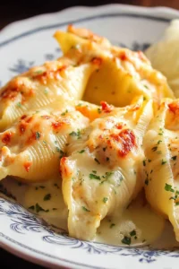 Chicken Alfredo Stuffed Shells topped with creamy sauce and cheese