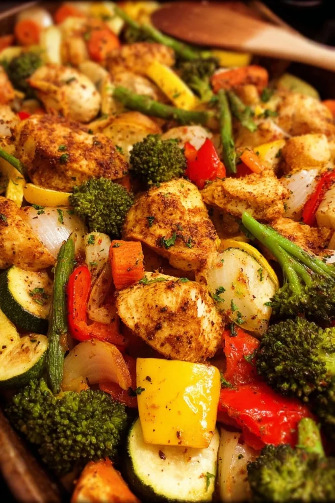 Healthy Chicken and Veggie Sheet Pan dinner with colorful vegetables.