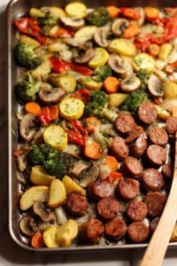 Chicken apple sausage sheet pan dinner with vegetables