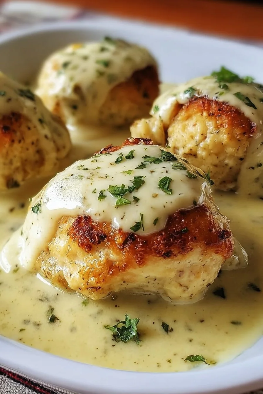 Delicious Chicken Pillows with Creamy Parmesan Sauce on a plate