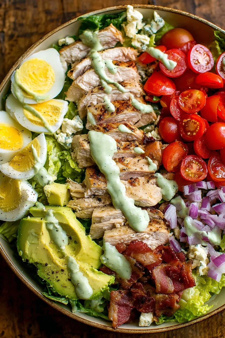 Delicious Cobb Salad topped with Green Goddess Dressing and fresh ingredients