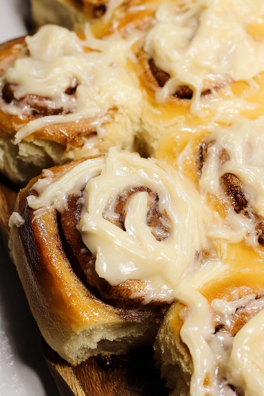 Cream cheese frosting on freshly baked cinnamon rolls